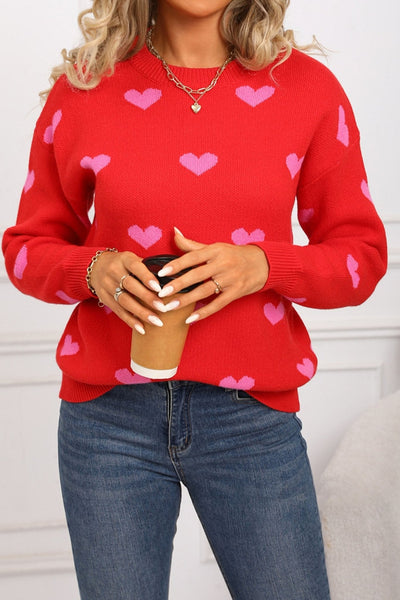 Women's Rose Red Heart Intarsia Knit Sweater with Drop Shoulder
