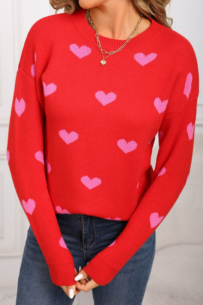 Women's Rose Red Heart Intarsia Knit Sweater with Drop Shoulder