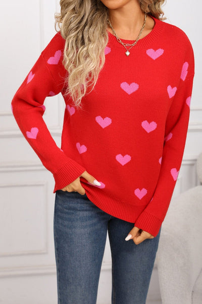 Women's Rose Red Heart Intarsia Knit Sweater with Drop Shoulder