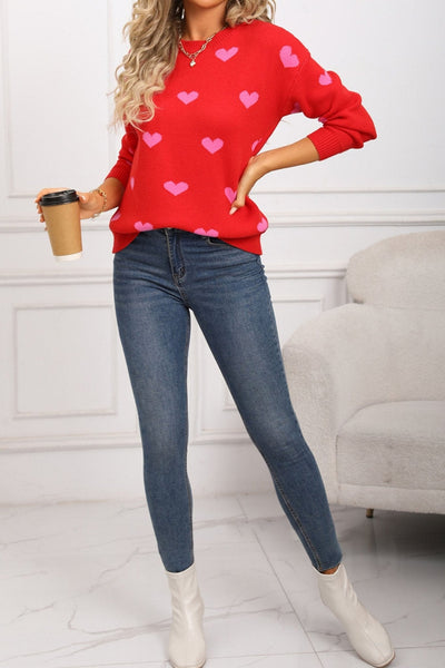 Women's Rose Red Heart Intarsia Knit Sweater with Drop Shoulder