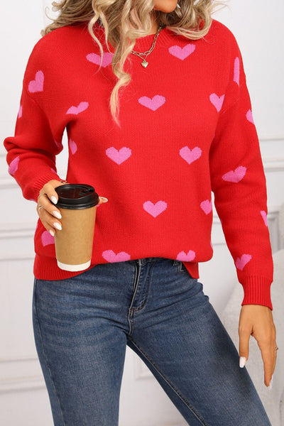 Women's Rose Red Heart Intarsia Knit Sweater with Drop Shoulder