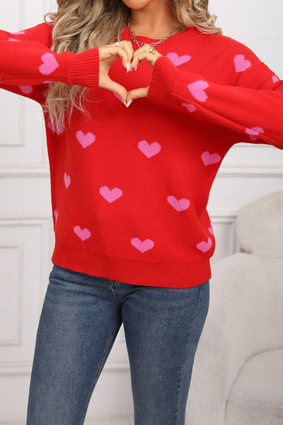 Women's Rose Red Heart Intarsia Knit Sweater with Drop Shoulder