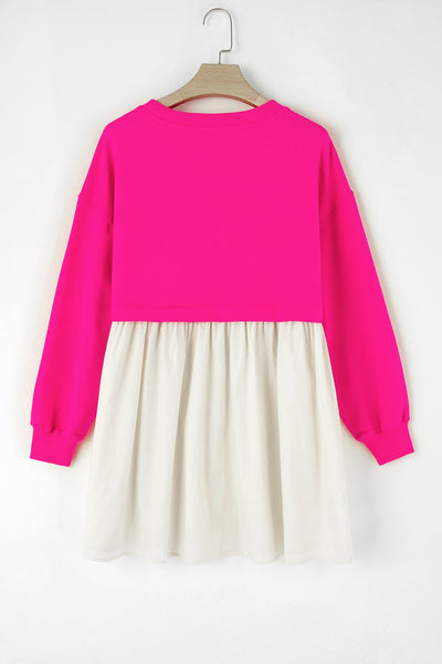 Women's Rose Red Sweatshirt Poplin Mini Dress with Contrast Skirt