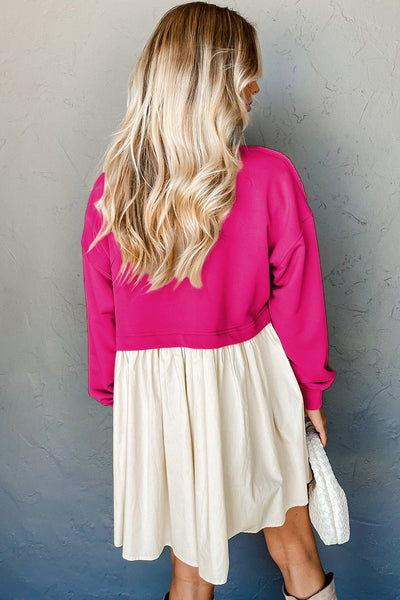Women's Rose Red Sweatshirt Poplin Mini Dress with Contrast Skirt