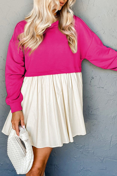 Women's Rose Red Sweatshirt Poplin Mini Dress with Contrast Skirt