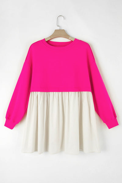 Women's Rose Red Sweatshirt Poplin Mini Dress with Contrast Skirt