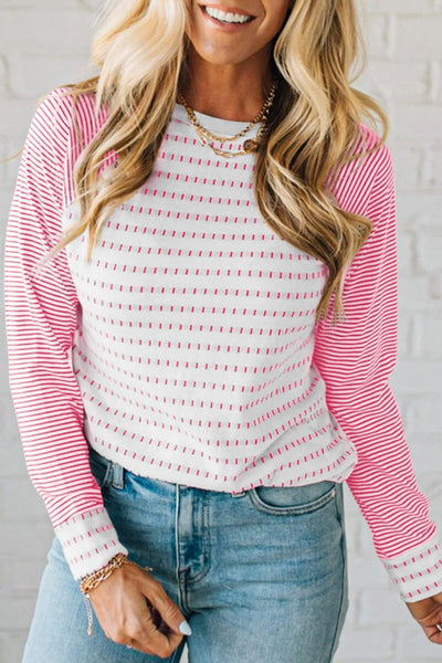Women's Rose Stripe Raglan Long Sleeve Patchwork Tee