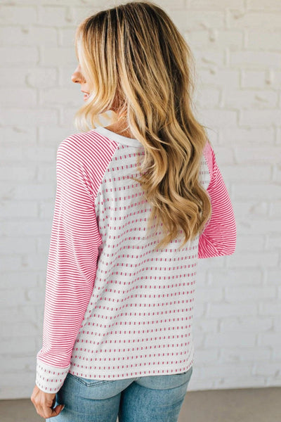 Women's Rose Stripe Raglan Long Sleeve Patchwork Tee