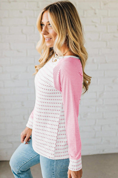 Women's Rose Stripe Raglan Long Sleeve Patchwork Tee