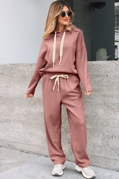 Women's Rose Tan Ribbed Knit Hoodie and Tapered Pants Set
