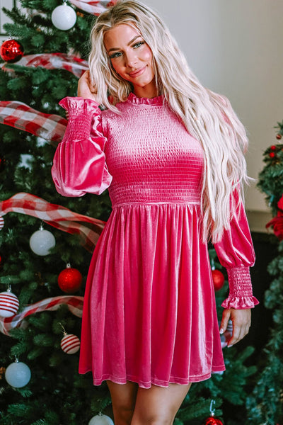 Women's Rose Velvet Smocked Bodice Dress with Ruffle Neck