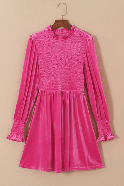 Women's Rose Velvet Smocked Bodice Dress with Ruffle Neck