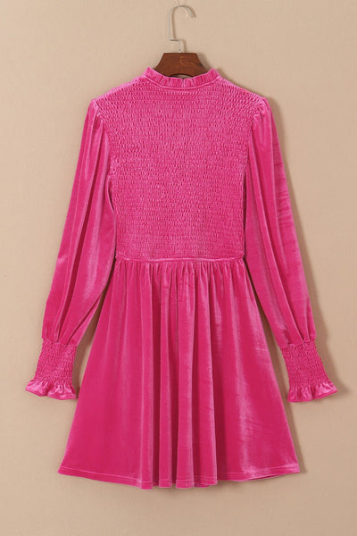 Women's Rose Velvet Smocked Bodice Dress with Ruffle Neck