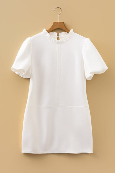 Women's Ruffle Neck Puff Sleeve Shift Dress in Cream Faux Suede