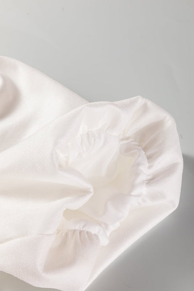Women's Ruffle Neck Puff Sleeve Shift Dress in Cream Faux Suede