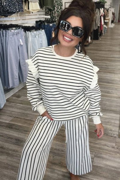Women's Ruffle Shoulder Striped Knit Lounge Set with Wide-Leg Pants