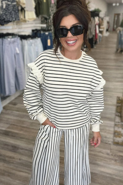 Women's Ruffle Shoulder Striped Knit Lounge Set with Wide-Leg Pants