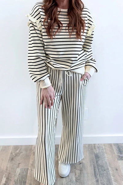 Women's Ruffle Shoulder Striped Knit Lounge Set with Wide-Leg Pants