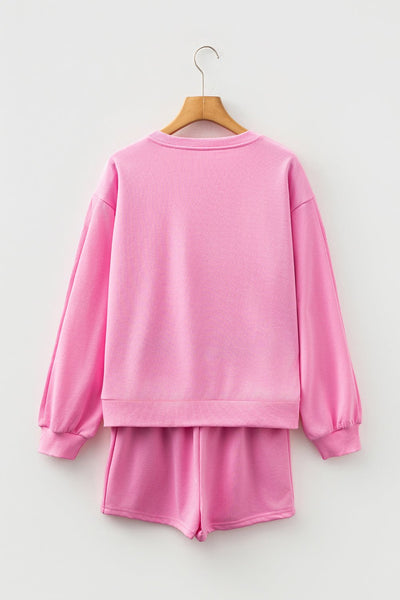 Women's Sachet Pink Bow Embroidered Sweatshirt and Shorts Set