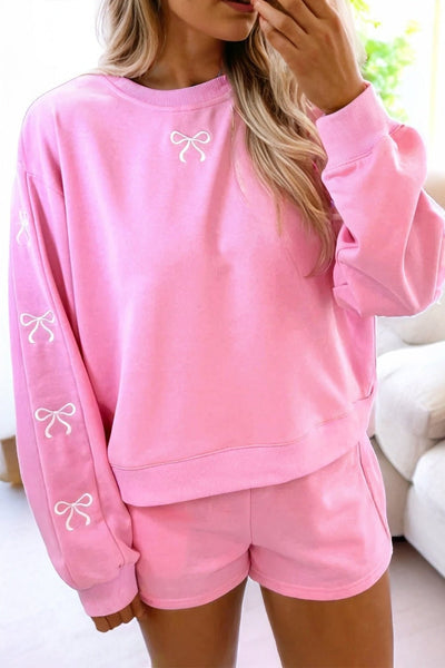 Women's Sachet Pink Bow Embroidered Sweatshirt and Shorts Set