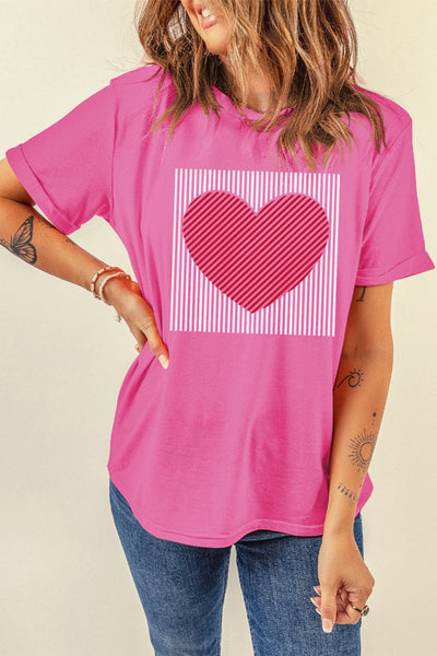 Women's Sachet Pink Heart Graphic Tee with Striped Detail
