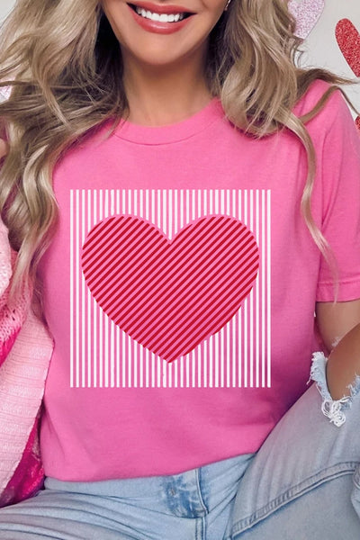 Women's Sachet Pink Heart Graphic Tee with Striped Detail