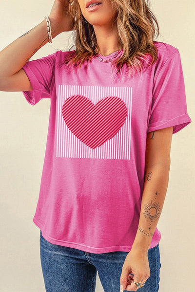 Women's Sachet Pink Heart Graphic Tee with Striped Detail