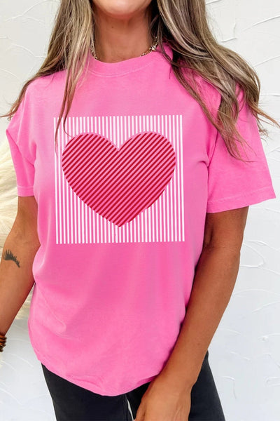 Women's Sachet Pink Heart Graphic Tee with Striped Detail