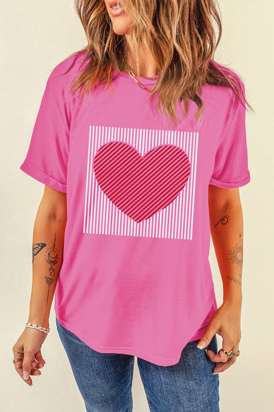 Women's Sachet Pink Heart Graphic Tee with Striped Detail