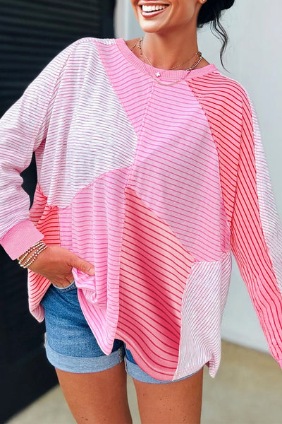 Women's Sachet Pink Patchwork Striped Long Sleeve Knit Top