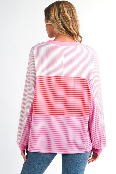 Women's Sachet Pink Patchwork Striped Long Sleeve Knit Top