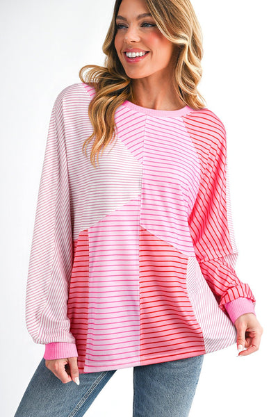 Women's Sachet Pink Patchwork Striped Long Sleeve Knit Top