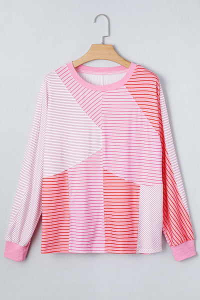 Women's Sachet Pink Patchwork Striped Long Sleeve Knit Top
