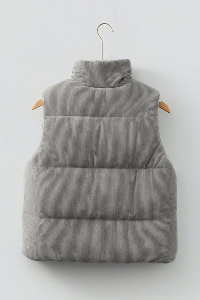 Women's Sage Gray Corduroy Puffer Vest with Stand Collar