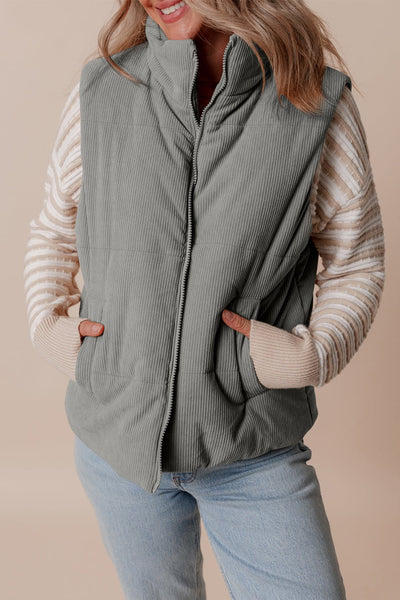 Women's Sage Gray Corduroy Puffer Vest with Stand Collar