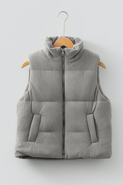 Women's Sage Gray Corduroy Puffer Vest with Stand Collar