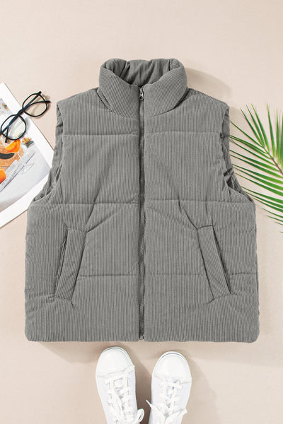 Women's Sage Gray Corduroy Puffer Vest with Stand Collar