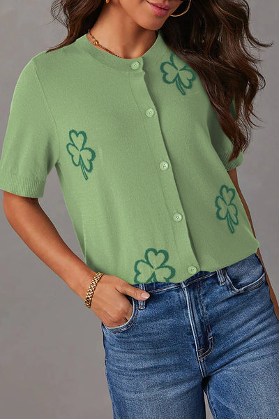 Women's Sage Green Clover Jacquard Short Sleeve Cardigan