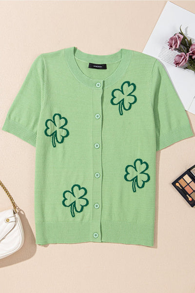 Women's Sage Green Clover Jacquard Short Sleeve Cardigan