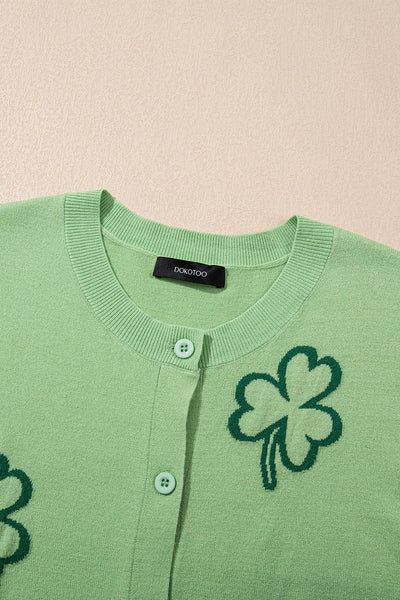 Women's Sage Green Clover Jacquard Short Sleeve Cardigan