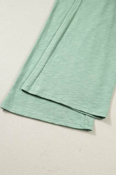 Women's Sage Green Cotton-Blend Cuffed Tee and Wide-Leg Pant Set