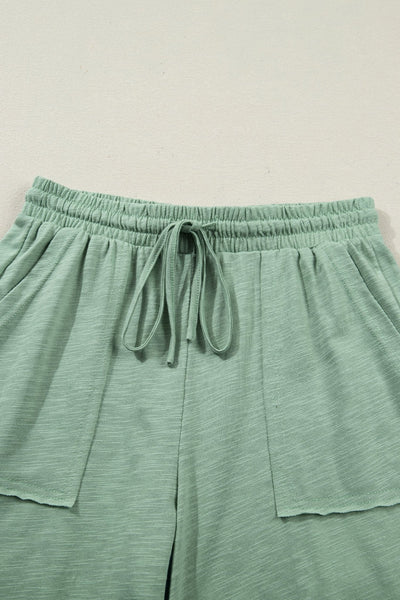 Women's Sage Green Cotton-Blend Cuffed Tee and Wide-Leg Pant Set