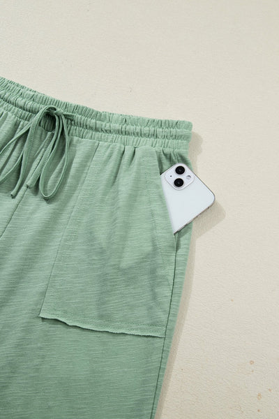 Women's Sage Green Cotton-Blend Cuffed Tee and Wide-Leg Pant Set