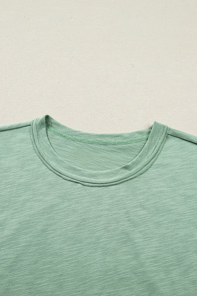 Women's Sage Green Cotton-Blend Cuffed Tee and Wide-Leg Pant Set