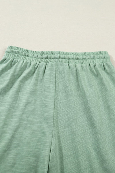 Women's Sage Green Cotton-Blend Cuffed Tee and Wide-Leg Pant Set