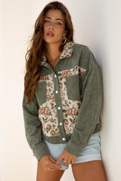 Women's Sage Green Floral Tapestry Ribbed Patchwork Shacket