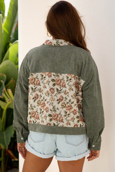 Women's Sage Green Floral Tapestry Ribbed Patchwork Shacket