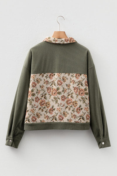 Women's Sage Green Floral Tapestry Ribbed Patchwork Shacket