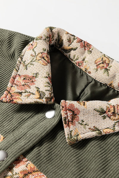 Women's Sage Green Floral Tapestry Ribbed Patchwork Shacket