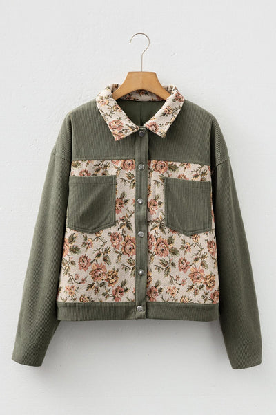 Women's Sage Green Floral Tapestry Ribbed Patchwork Shacket